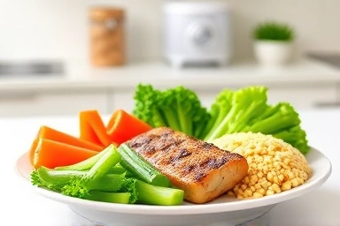 Healthy meal plate with vegetables first, then protein, then carbs.