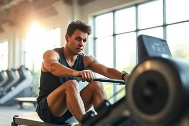 Person rowing intensely in a modern gym with sunlight.