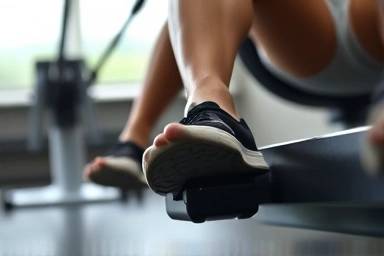 Close-up of legs powerfully pushing on a rowing machine.