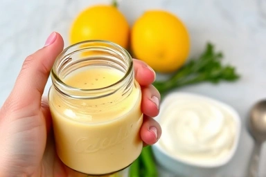 Homemade salad dressing ingredients: yogurt, lemon, herbs.