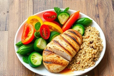Healthy meal with protein, vegetables, and grains for satiety.