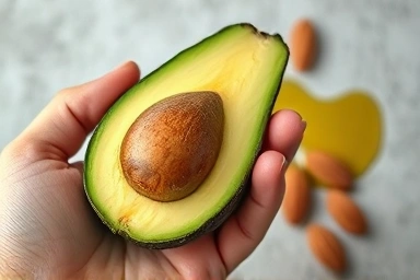 Avocado, almonds, and olive oil symbolizing healthy fats for fullness.