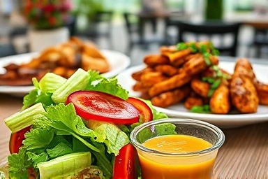 Healthy dining with separate sauce, enjoying a balanced meal.
