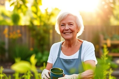 Healthy senior woman gardening, symbolizing vitality and muscle health.
