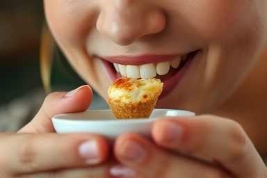 Person mindfully eating from a small bowl, enjoying the meal.