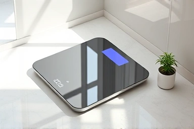 Modern smart scale in a bright, clean bathroom setting.