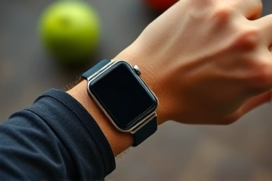 Close-up of smartwatch on wrist for health tracking.