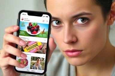 Person skeptical of social media diet supplement ads on phone.