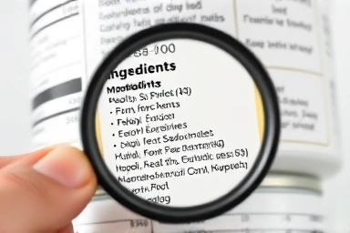 Magnifying glass examining diet supplement ingredients label.