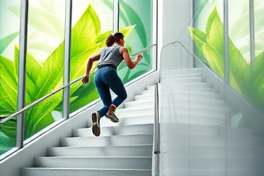 Energetic person climbing stairs, symbolizing health and progress.