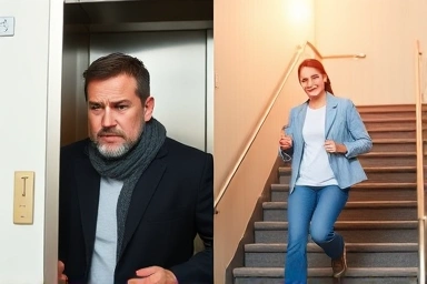 Choice between elevator and stairs, highlighting health benefits.