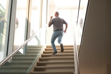 Person climbing apartment stairs, healthy lifestyle, fitness.