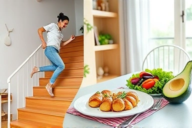Home fitness, healthy eating, weight loss synergy.
