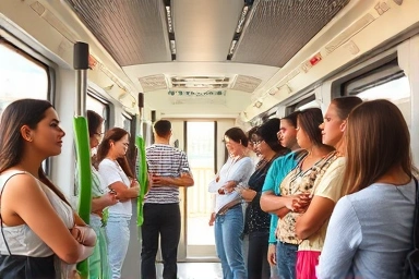 People standing on public transport, calm and relaxed.