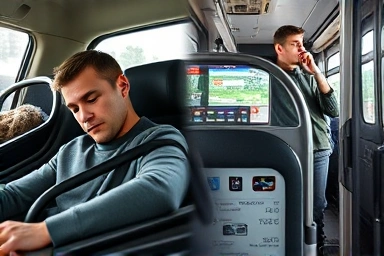 Contrast of sitting in a car vs. standing on a bus.
