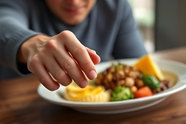 Person calmly stopping eating, feeling satisfied.