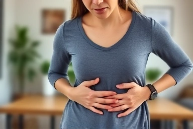 Woman stressed by belly fat, cortisol hormone visualization