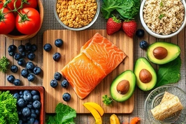 Colorful assortment of fresh superfoods on a wooden table.