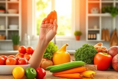 Teenage hand reaching for healthy food on kitchen counter.