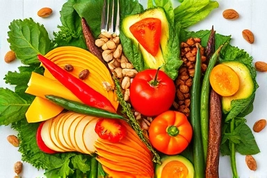 Balanced vegetarian meal with colorful fresh ingredients.