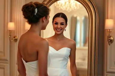 Bride confidently checking her wedding dress fit.