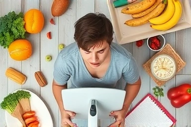 Frustrated person with healthy food and journal, symbolizing weight loss struggles.