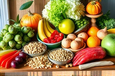 Abundant display of fresh, colorful plant-based foods.