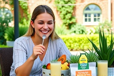 Person happily eating a healthy plant-based meal outdoors.