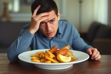 Confused person with food, symbolizing constant hunger.
