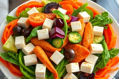 Abundant healthy food plate with steamed vegetables and lean proteins.