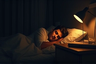 Person sleeping peacefully in a serene bedroom, representing good sleep hygiene.