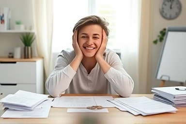 Relieved person saving money from tax documents.