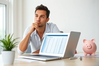 Person analyzing budget spreadsheet with financial growth symbols.