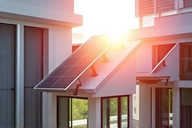 Apartment balcony with mini solar panel, symbolizing energy savings.