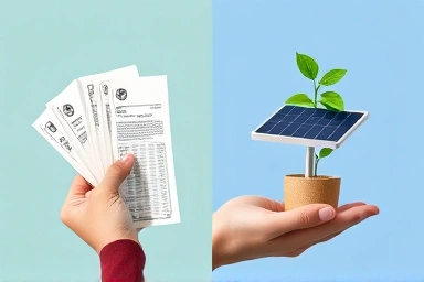 Electricity bills vs. mini solar panel with growing plant, representing savings.