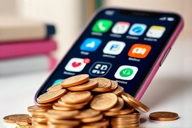 Smartphone displaying savings apps with coins flowing out.