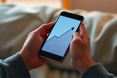 Hands holding smartphone showing financial growth symbol.
