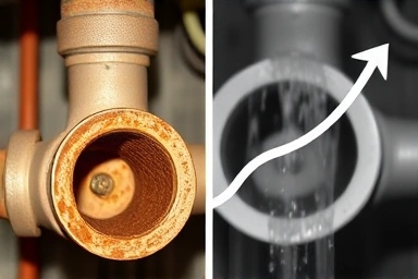 Before and after of a clean boiler pipe, representing gas bill savings.