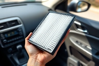 Hand holding clean car air filter for DIY replacement