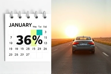 January calendar discount, car driving towards bright future