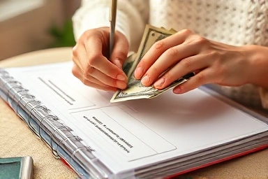 Hands organizing cash in labeled envelopes within a binder.