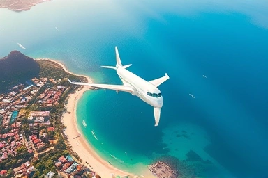 Abstract flight path over a travel destination