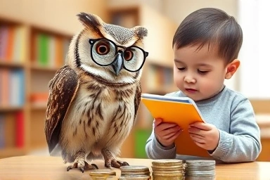 Owl teaching child money management with notebook and piggy bank.