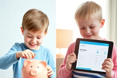 Child learning financial responsibility with piggy bank and budget app.
