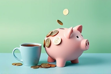 Piggy bank receiving savings from coffee expenses