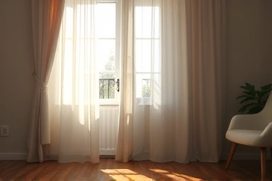 Sunlight blocked by curtain, creating cool shade inside room.
