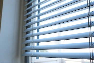Window blinds deflecting sunlight, indicating cool indoor environment.
