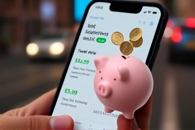 Smartphone showing ride-sharing app price comparison and savings.