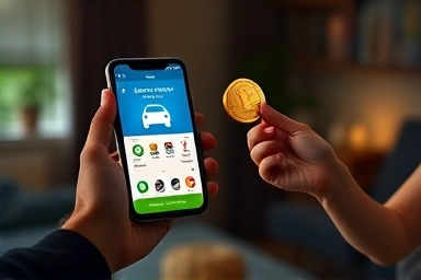 Hand using ride-sharing app, earning rewards through app-tech.