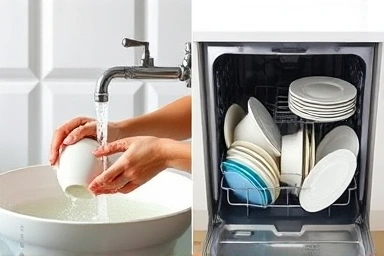 Dishwasher vs hand washing water saving comparison.